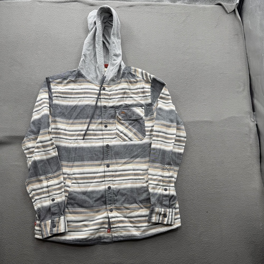 Simms Shirt Jacket Mens Medium Gray Striped Hooded Snap Flannel Outdoor